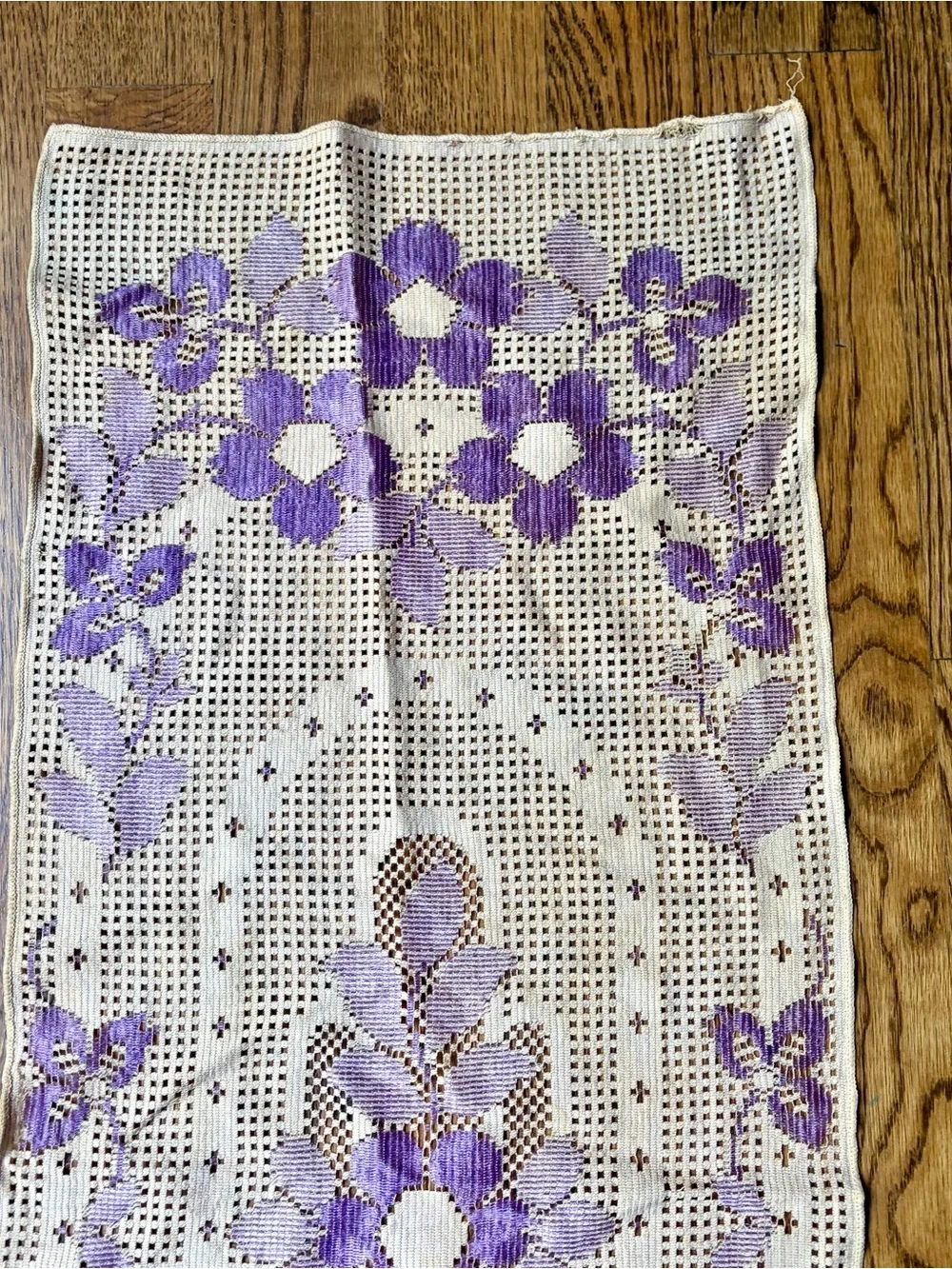 Vintage Handmade Crochet Runner with Lavender Floral Design